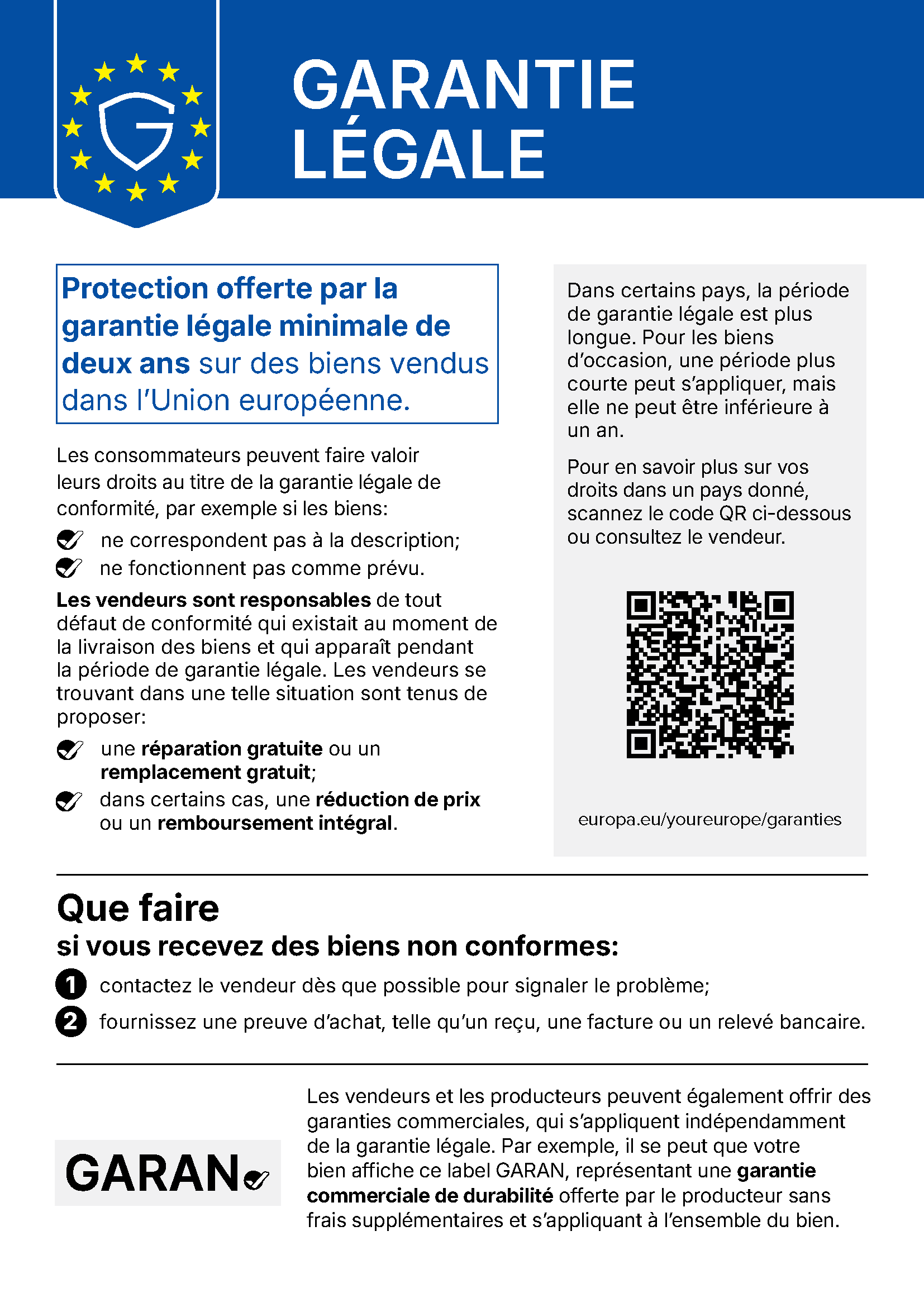 Avis officiel de l'UE sur la garantie légale de conformité