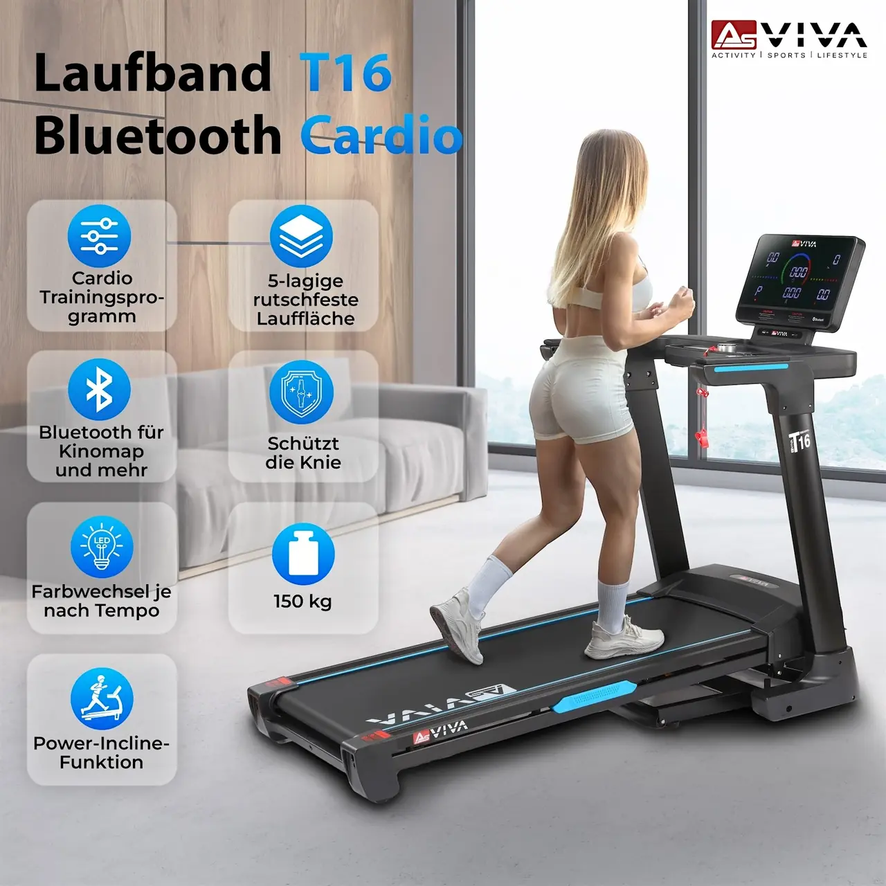 AsVIVA T16 Smart Run – tapis de course cardio Bluetooth en un coup d'œil