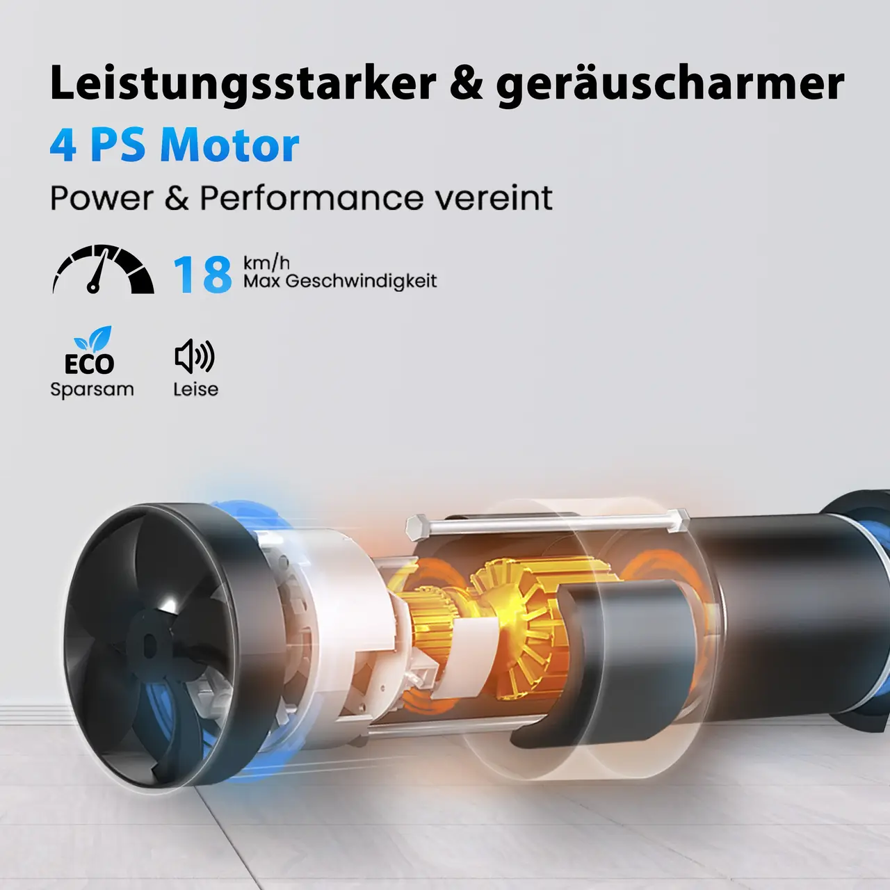 Leistungsstarker & geräuscharmer 4-PS-Motor bis 18 km/h