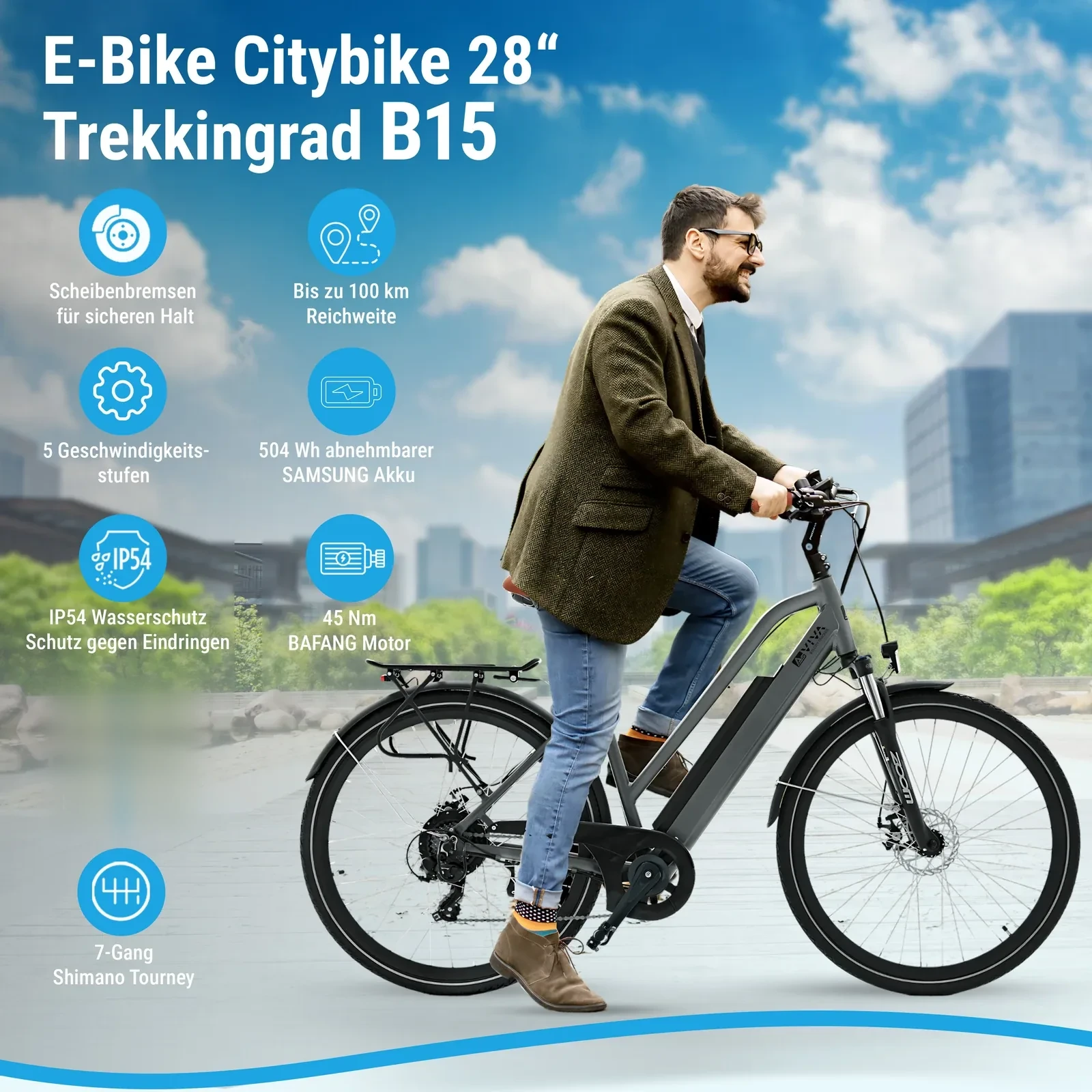 AsVIVA B15 E-Bike de ville 28 pouces – équipement en un coup d'œil