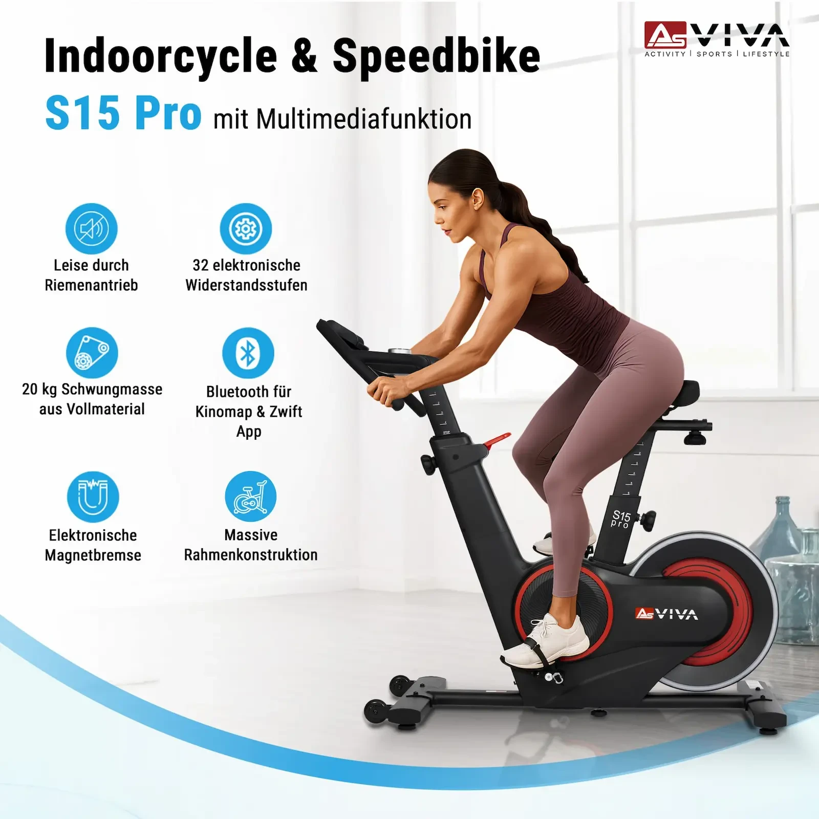 AsVIVA S15 Speedbike – Indoor Cycle avec fonction multimédia : caractéristiques en un coup d'œil