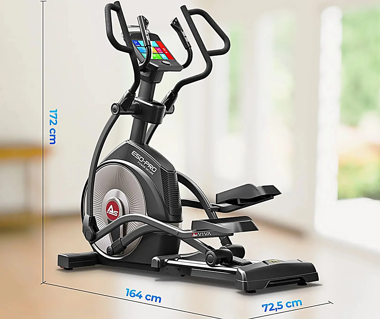 AsVIVA E50 Smart Stair Pro vélo elliptique – vue de côté avec caractéristiques en un coup d'œil