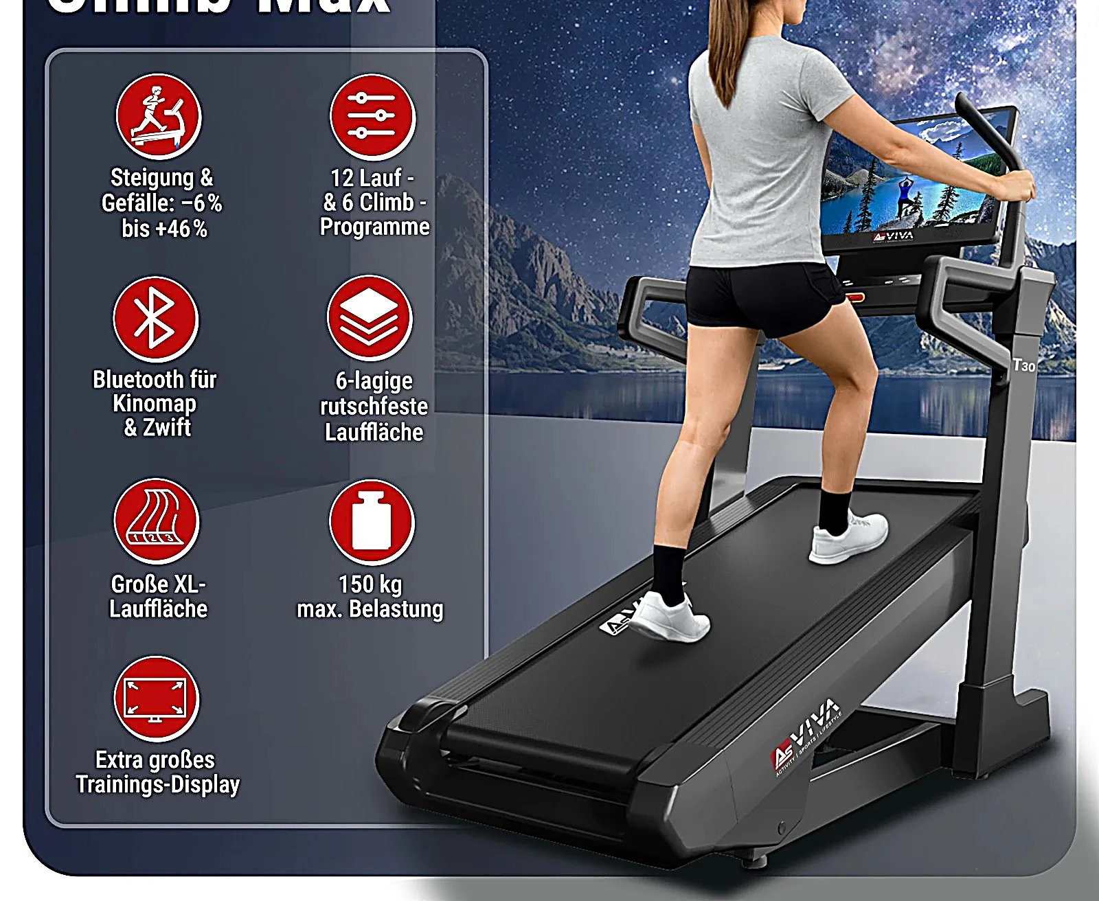 AsVIVA T30 tapis de course avec écran tactile et inclinaison – caractéristiques en un coup d'œil