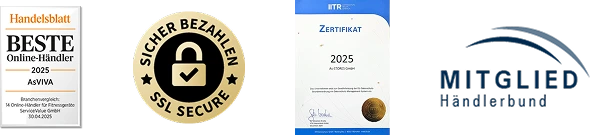 Distinctions : Handelsblatt Beste Online-Händler 2025, paiement sécurisé SSL, certificat ETR 2025, membre du Händlerbund