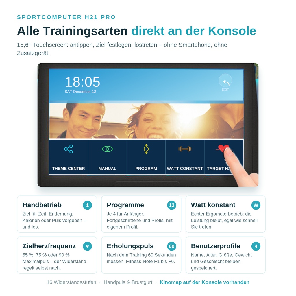 AsVIVA vélo d'appartement H21 Pro Wi-Fi – console avec 12 programmes, puissance constante et fréquence cardiaque cible