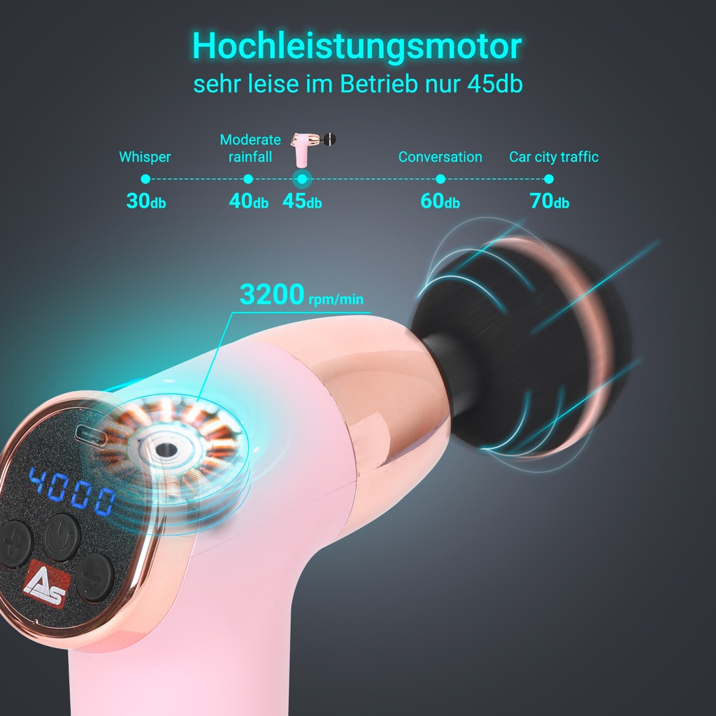 Le puissant moteur sans balais du pistolet de massage AsVIVA MGN2 de couleur rose en détail Le puissant moteur sans balais du pistolet de massage AsVIVA MGN2 de couleur rose en détail