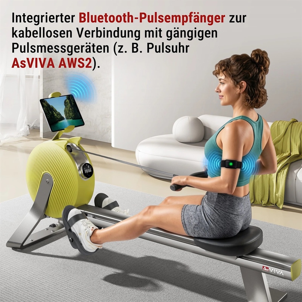 Rameur AsVIVA RA20 avec récepteur de pouls Bluetooth intégré pour le suivi de la fréquence cardiaque pendant l'entraînement