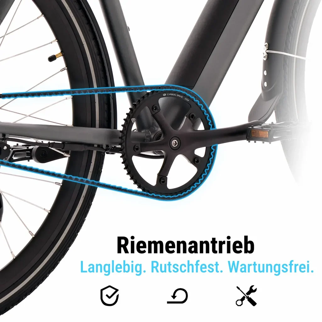 AsVIVA E-Bike BC1B – Citybike urbain 28 pouces – entraînement par courroie