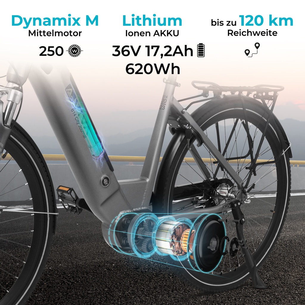 City E-Bike AsVIVA Stadtfalter B14 – Gris/Blanc – Moteur