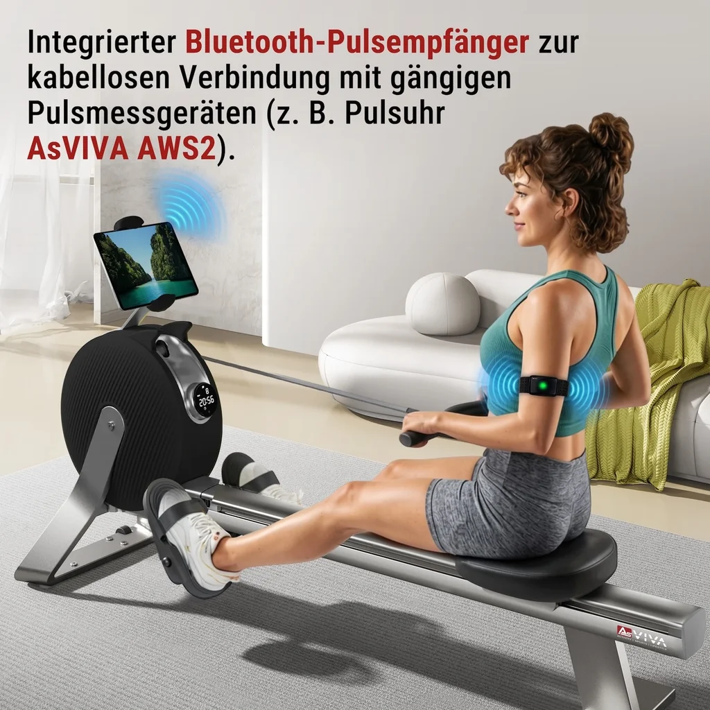Rameur AsVIVA RA20 en noir avec récepteur de pouls Bluetooth intégré