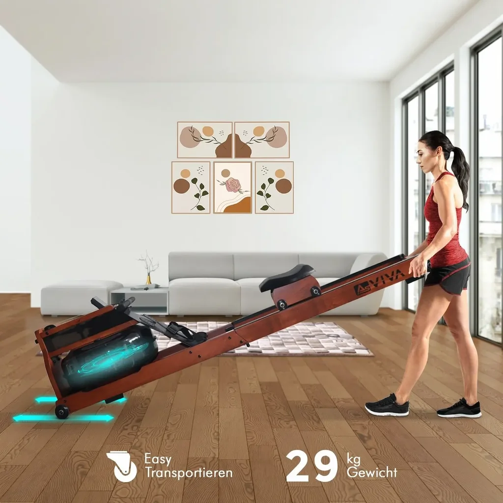 Rameur à eau AsVIVA RA18 Pro rangé à la verticale pour un gain de place dans les petits espaces
