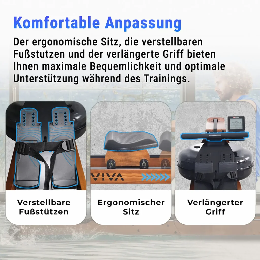 Siège ergonomique confortable du rameur à eau AsVIVA RA18 Pro pour de longues séances d'entraînement