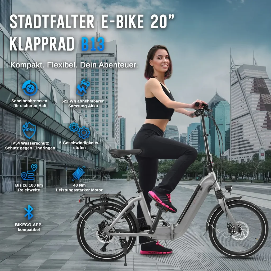Aperçu des avantages et caractéristiques du vélo électrique pliable AsVIVA Stadtfalter B13 en gris
