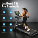 Le tapis de course AsVIVA Smart T18 Pro en vue d'ensemble latérale avec surface de course et châssis pliable