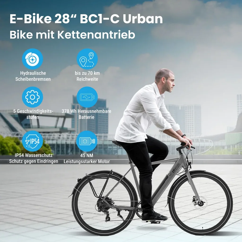 AsVIVA BC1C – E-Bike urbain 28 pouces avec entraînement par chaîne, 70 km d'autonomie et moteur 250 W