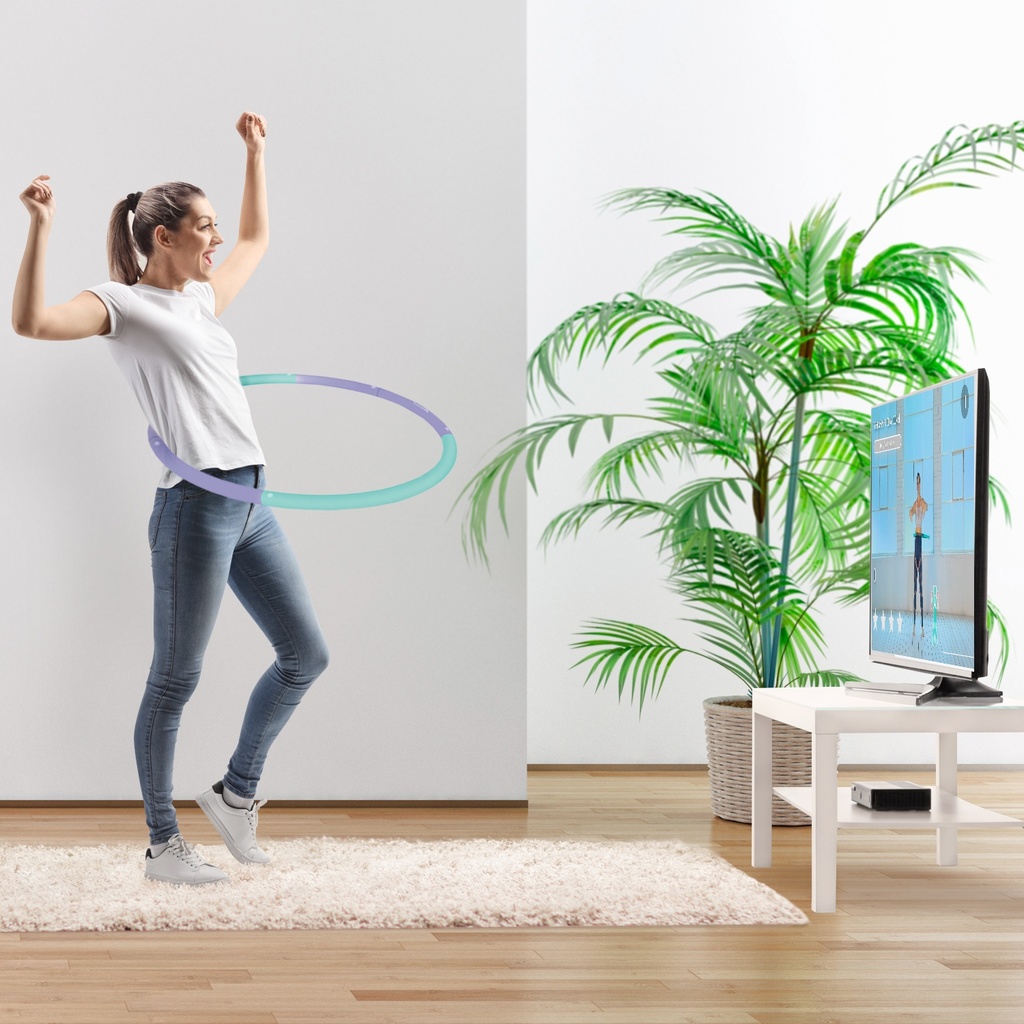 Un modèle montre un entraînement abdominal efficace avec le cerceau Hula-Hoop AsVIVA HH1